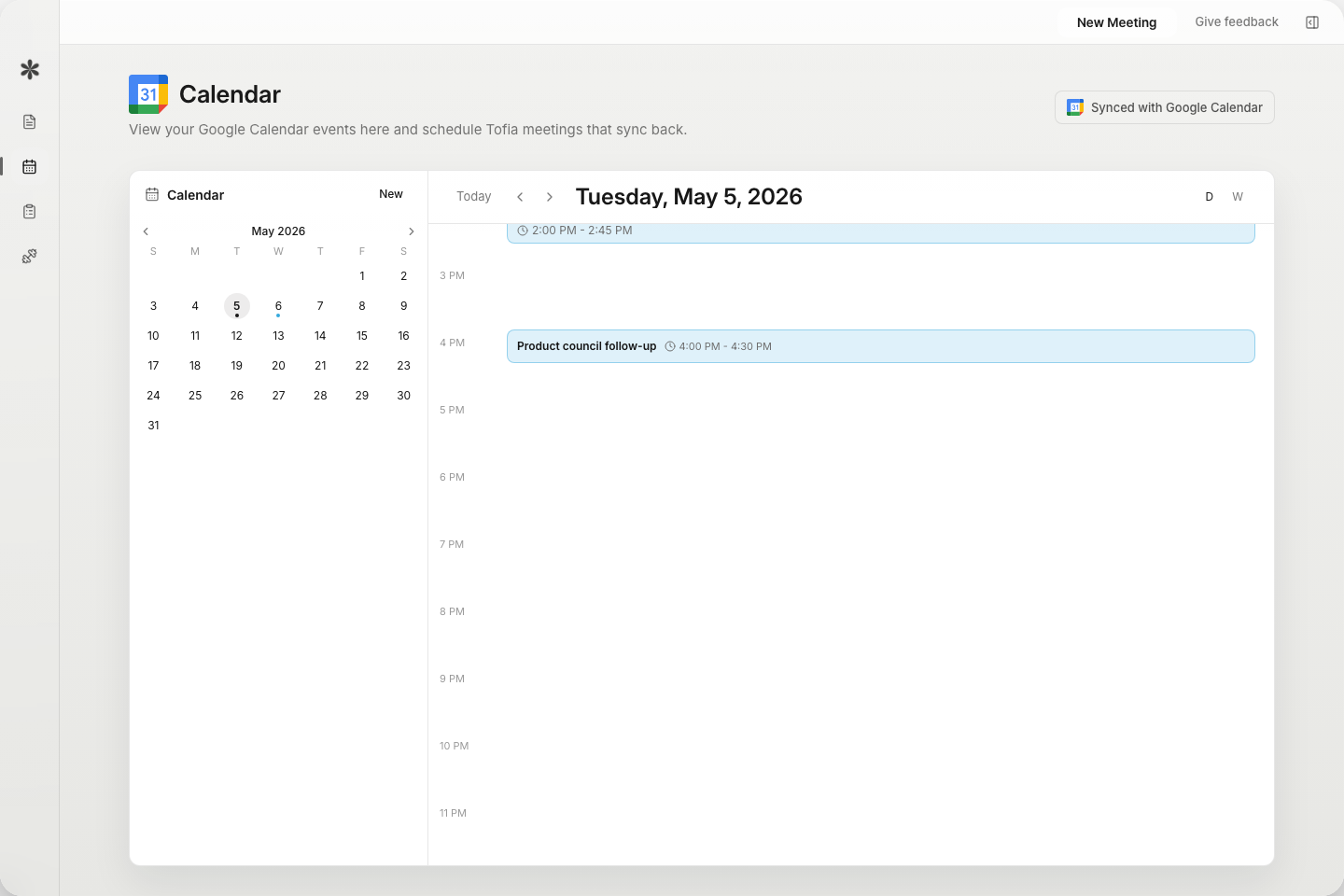 Tofia calendar screen